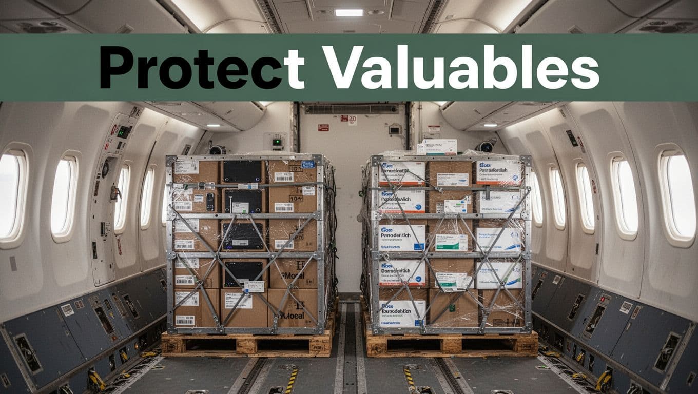 Secure cargo hold of an airplane with neatly stacked high-value electronics boxes and pharmaceutical crates in a climate-controlled environment, soft interior lighting, realistic detailed photo style with bold 'Protect Valuables' headline on muted dark-green band.