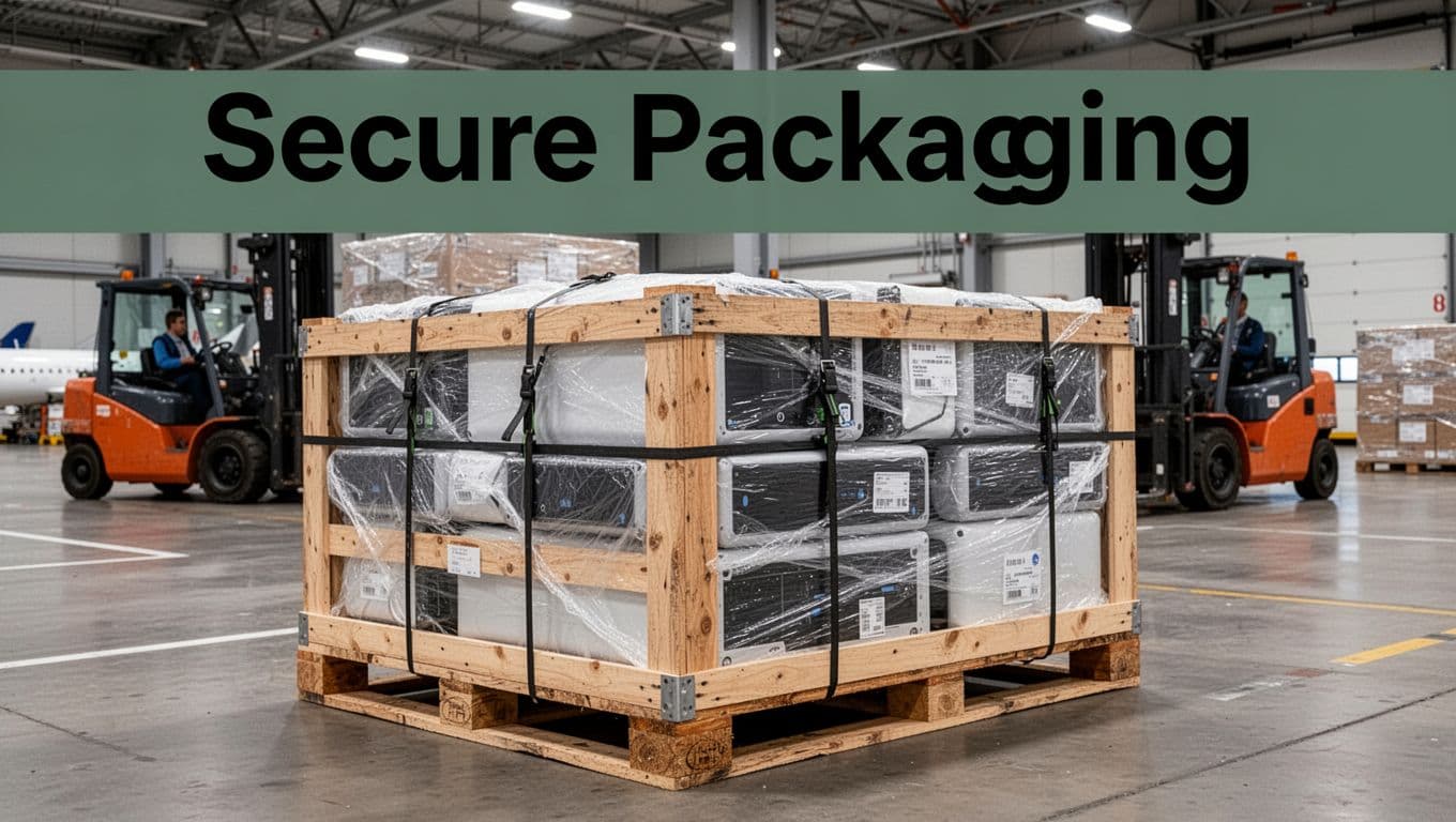 A sturdy wooden crate packed with cushioned electronics and strapped pallets, ready for air cargo loading in an airport warehouse with forklifts in the background. Features a bold 'Secure Packaging' headline on a muted dark-green band at the top, realistic photo style with bright lighting.