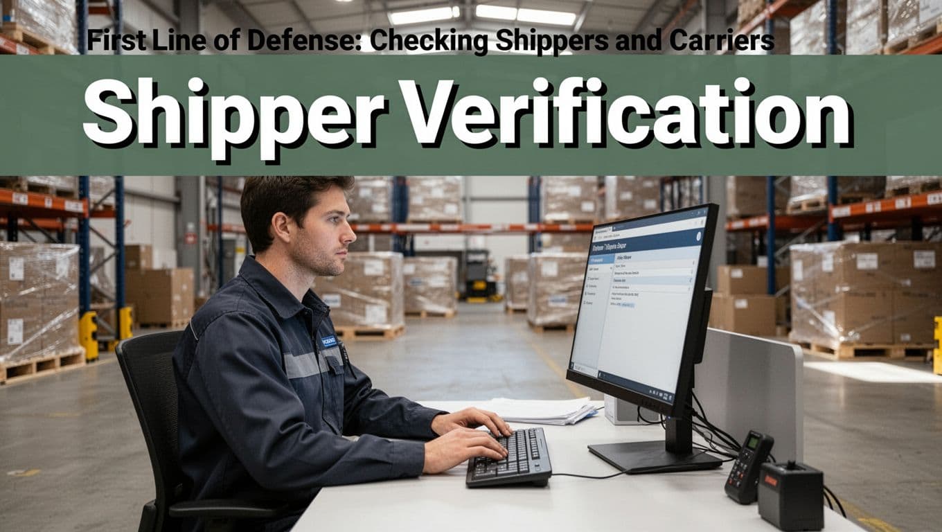 A cargo security worker at a desk in a modern air cargo facility office checks the known shipper database on a computer screen, highlighted by a bold 'Shipper Verification' headline on a dark green band.
