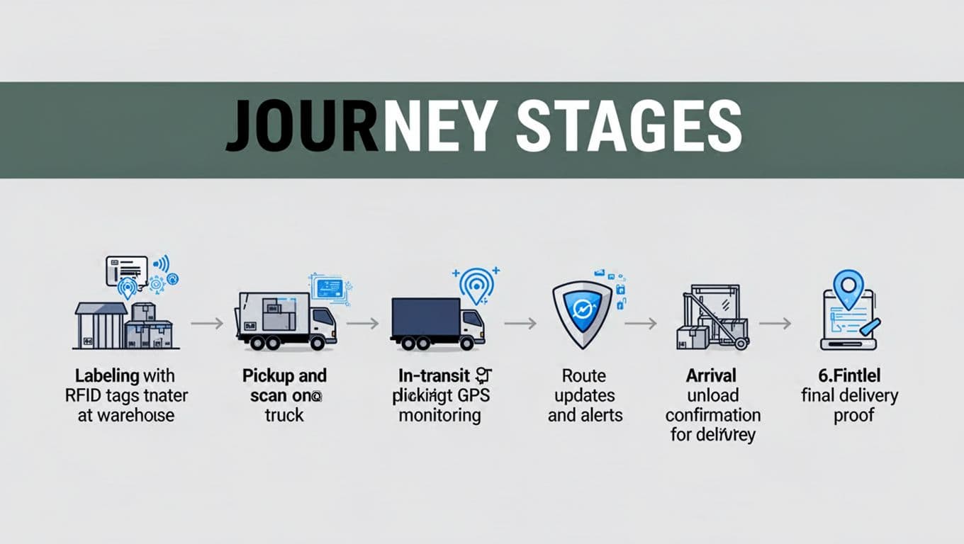Horizontal flowchart diagram illustrating six stages of a shipment journey: labeling with RFID tags, pickup and scan, in-transit GPS monitoring, route updates, arrival unload confirmation, and final delivery proof. Simple icons connected by arrows in a modern clean graphic with neutral tones and blue accents.