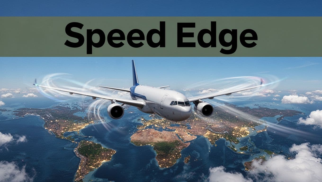 Cargo airplane flying fast over a world map with city lights below, dynamic motion blur on wings, clear blue sky, and bold 'Speed Edge' headline on a dark-green band. Vibrant realistic photo style illustrating air shipping's speed advantage.