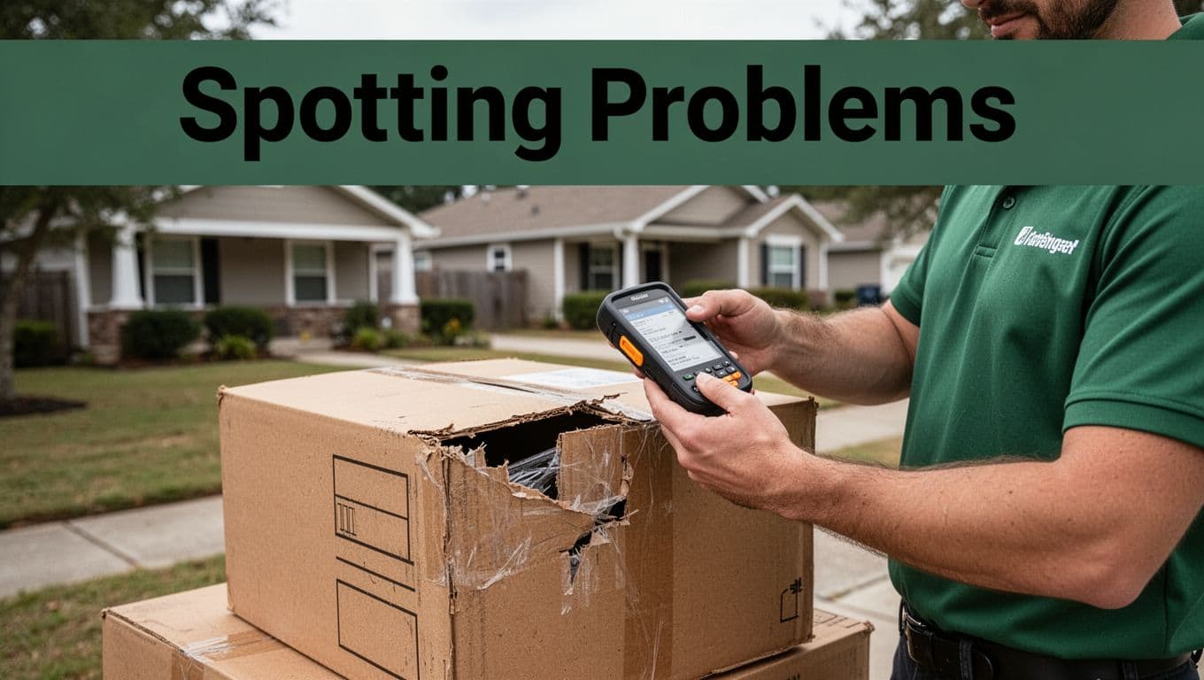 Person at a home office desk using laptop open to claims form and phone with tracking app, with photos of damaged package scattered nearby, illustrating starting the online UPS or FedEx claim process.