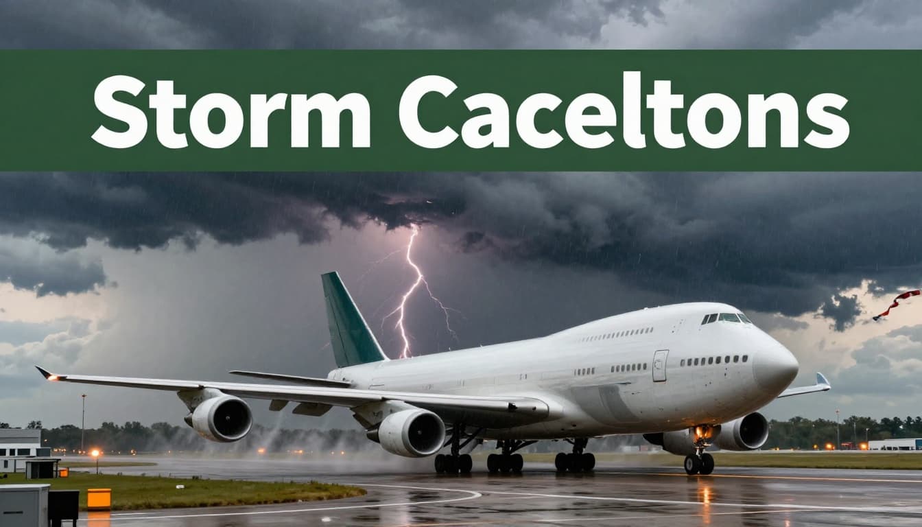 A Boeing 747 freighter sits idle on a wet airport runway as a massive thunderstorm builds with towering dark clouds, lightning flashes, and high winds. Dramatic dusk lighting highlights the grounded plane against the stormy sky.