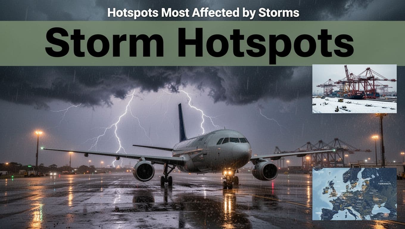 Dramatic editorial image with 'Storm Hotspots' headline in bold sans-serif font on a dark green band, above a realistic photo of heavy monsoon storm over an Indian airport runway featuring one grounded cargo plane, intense rain, lightning, pooling water, and a small inset of snowy northern European port cranes.