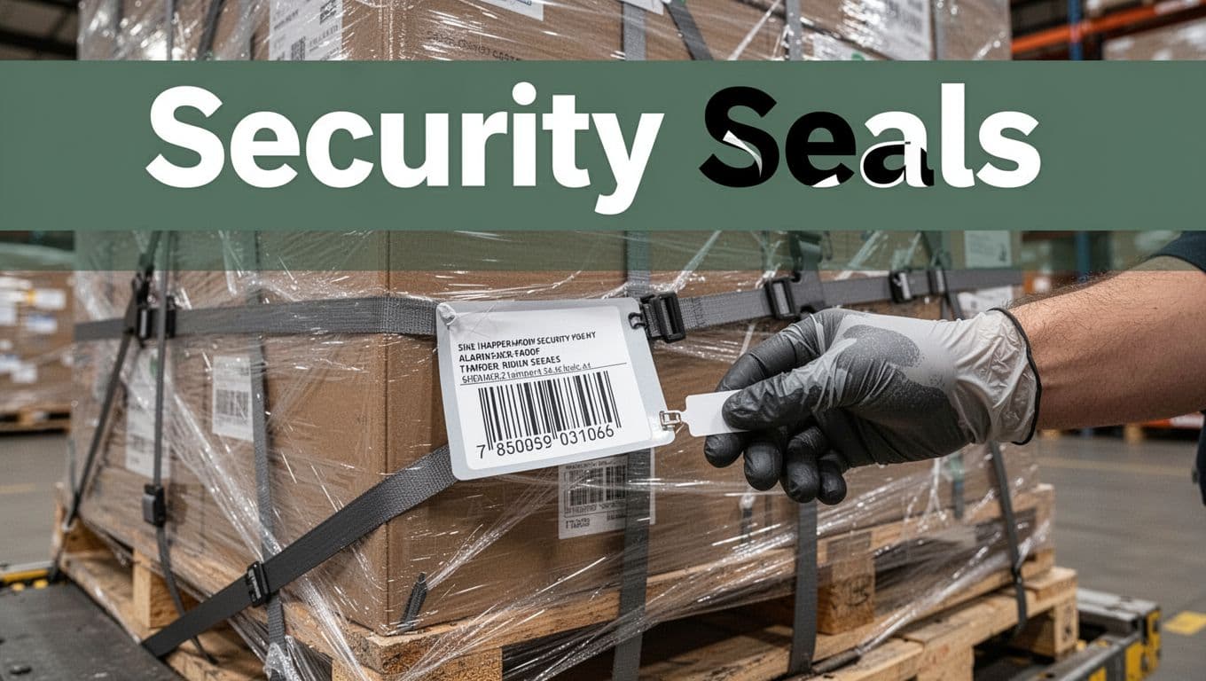 Editorial-style image with bold 'Security Seals' headline in white on a dark-green band at the top, featuring a close-up of a gloved hand placing a tamper-proof security seal on a strapped, plastic-wrapped air cargo pallet in a warehouse loading bay.