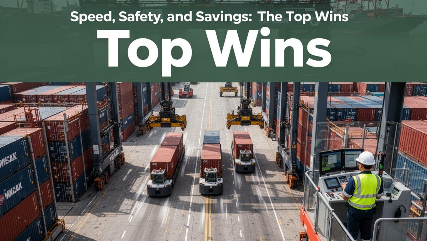 Overhead view of a busy US port container yard with AGVs speeding containers and robotic cranes stacking precisely, one distant worker observing, under bold 'Top Wins' green header band.