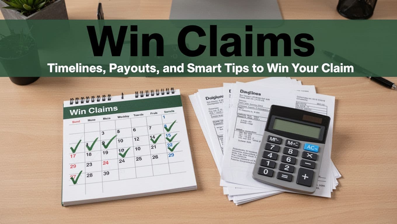 Top-down office desk view featuring a calendar with checkmarks on successful dates, stack of shipping documents, and calculator, under a bold 'Win Claims' headline in a dark-green band.